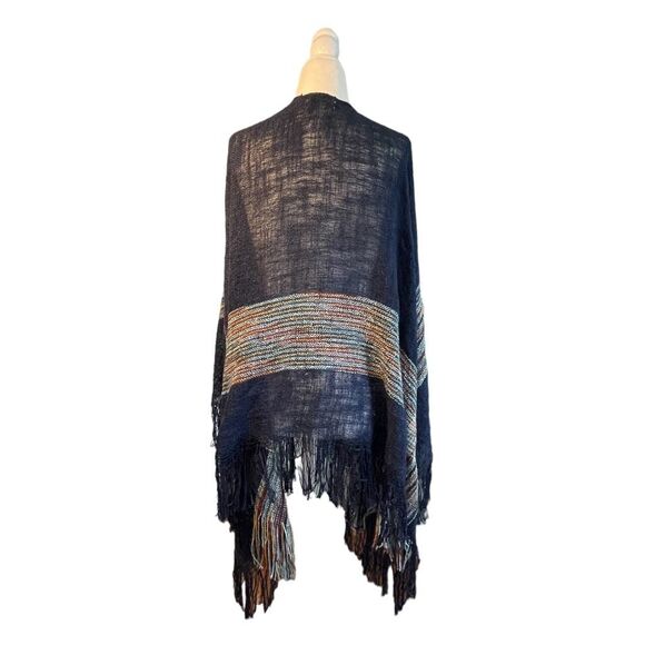 Woven Heart Ruana Wrap Poncho Blue Multi-Colored Plaid Striped Patterned Fringe - Picture 3 of 6